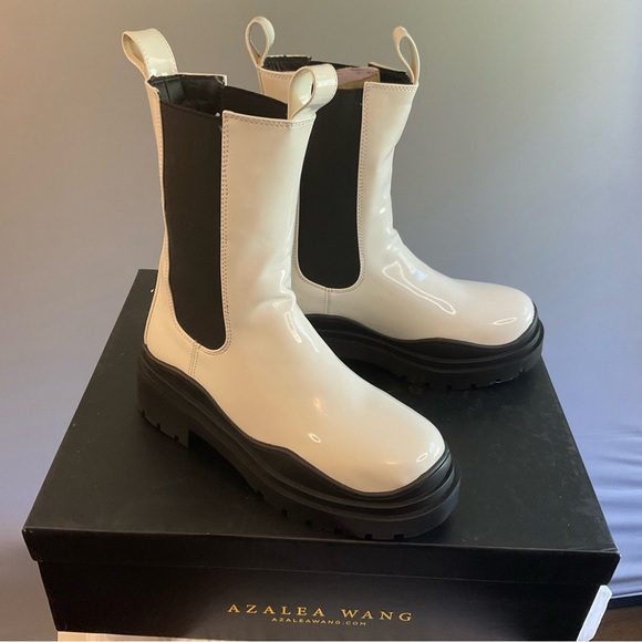 Azalea Wang Akira Ghosted White Black Chelsea Boot, Faux Patent Leather, NIB, 7 - Picture 2 of 16
